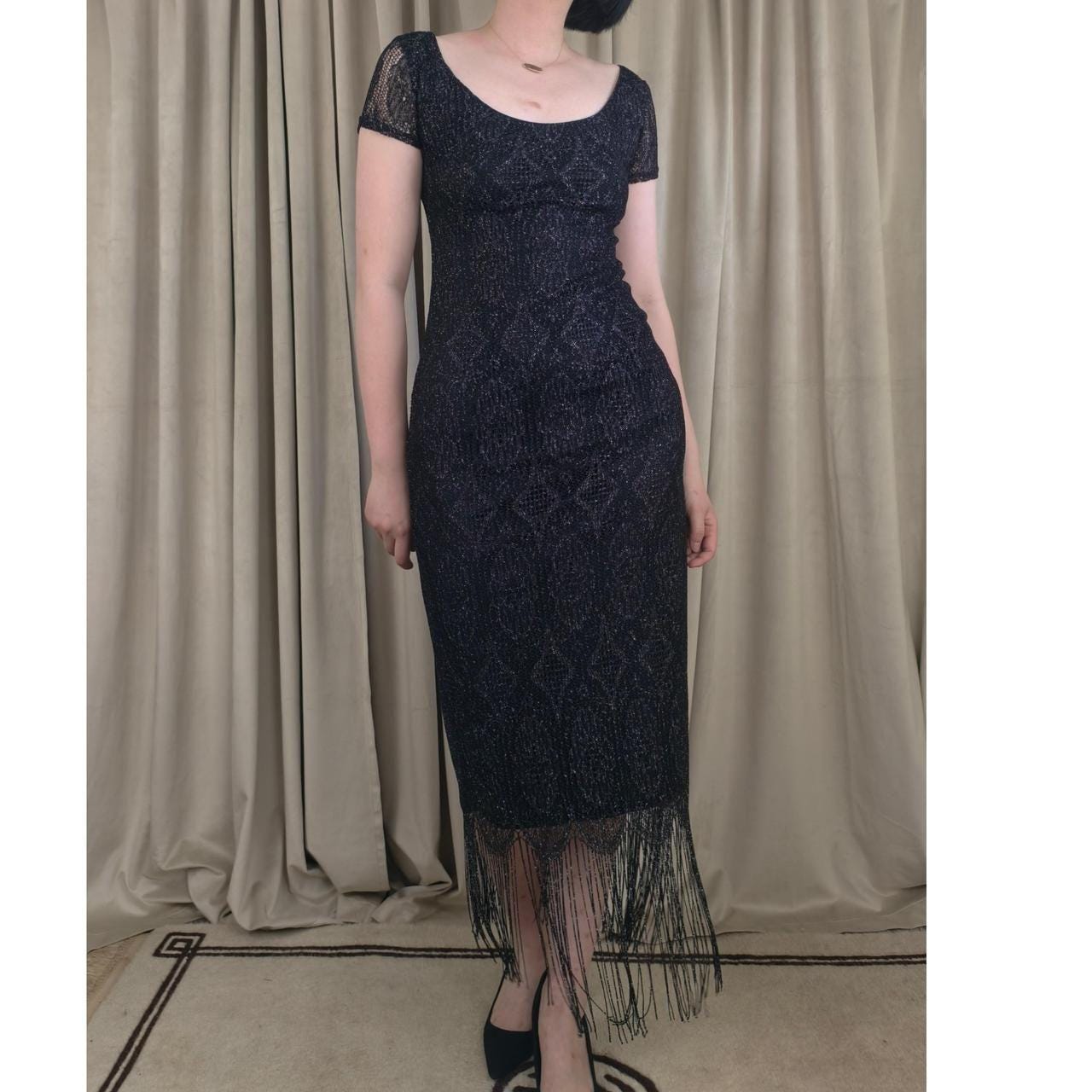 Vintage Onyx Nite Black Silver Metallic Lace Dress with Fringe Hem