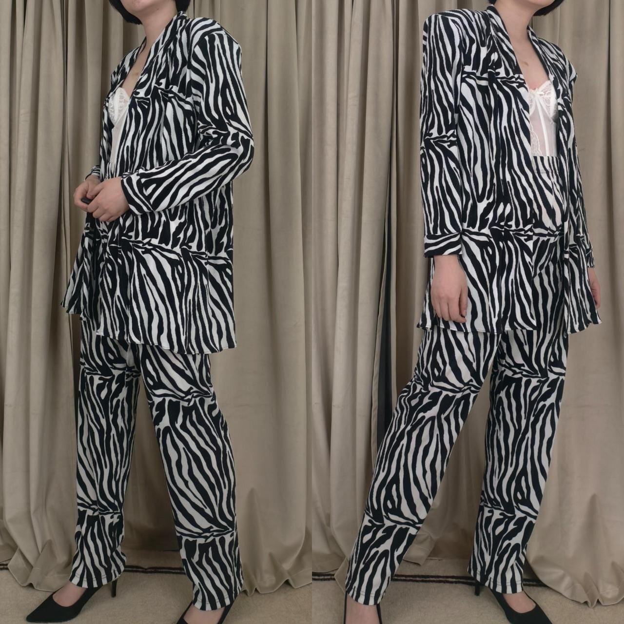 NWT Vintage Something Special Black and White Zebra Print Plisse Set
