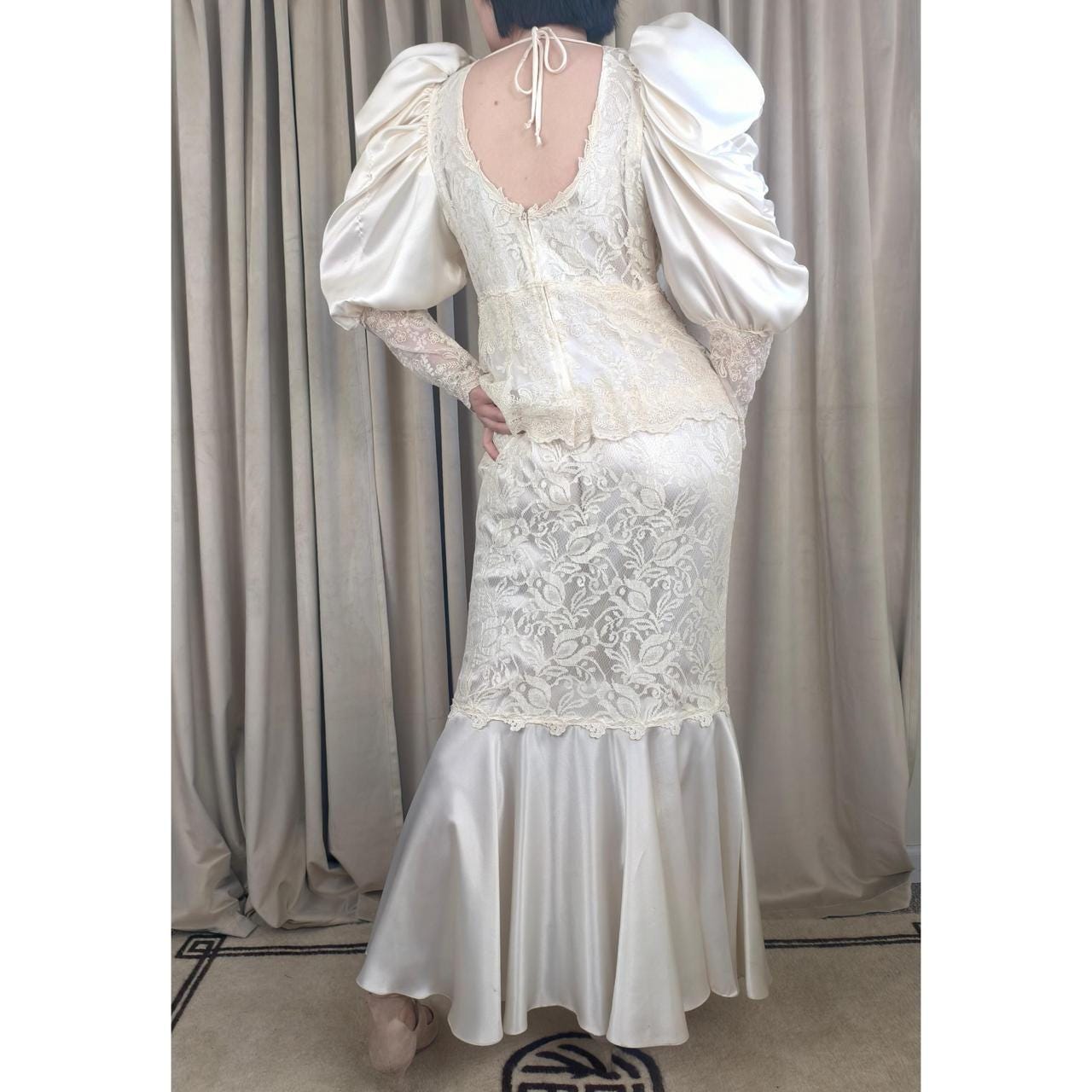 Vintage Cache Boho Cream Satin and Lace Wedding Gown