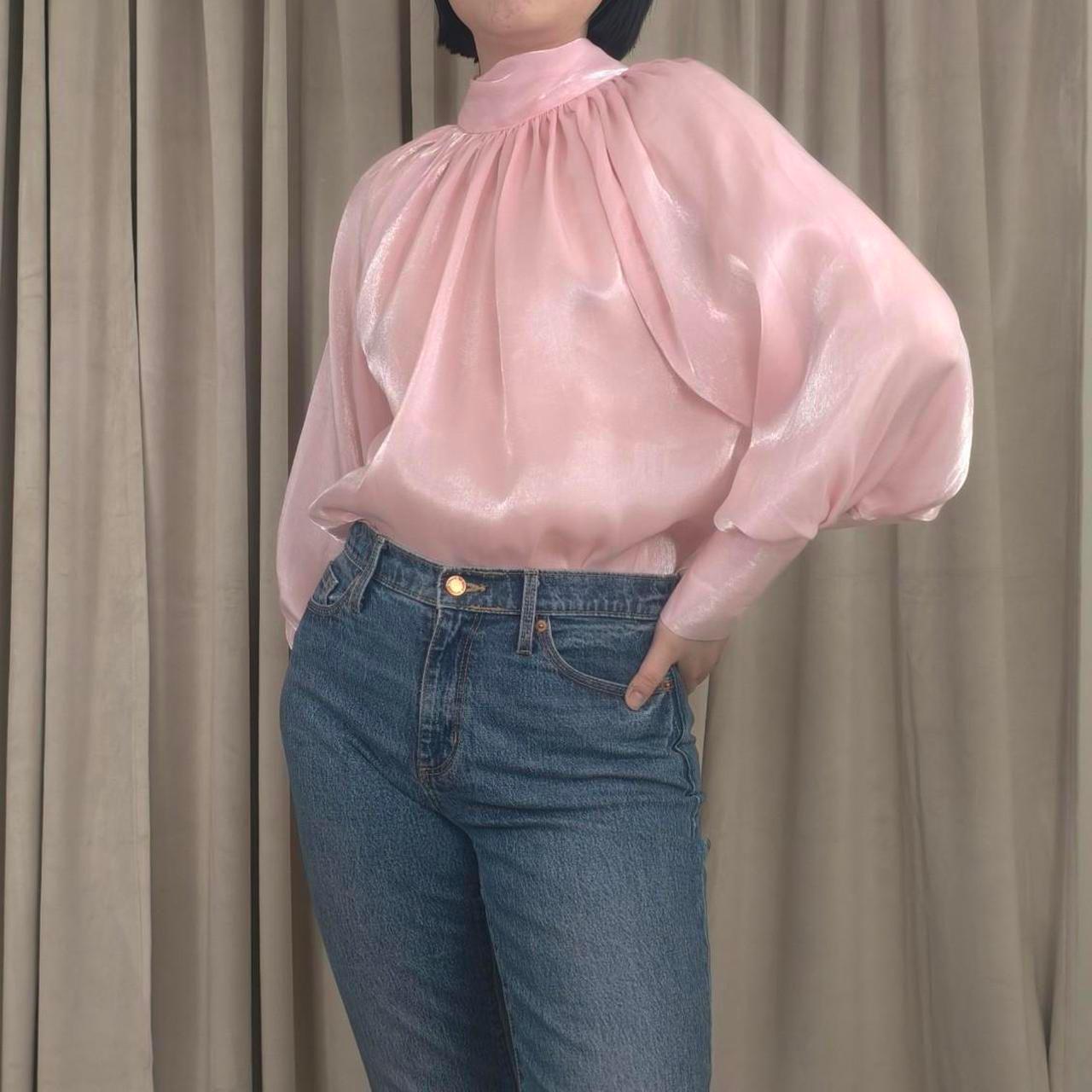 Vintage Pink Luminescent Blouse with Tie Neck and Puffy Sleeves