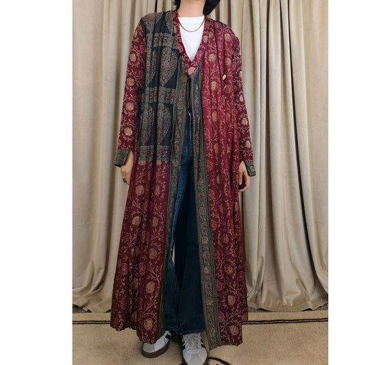 Vintage Indian Handmade Embroidered Silk Quilted Red and Black Full Length Coat