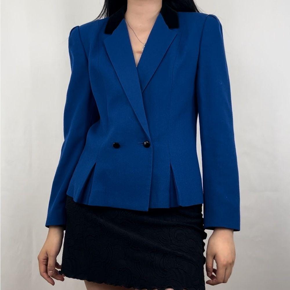 Vintage Kasper Cobalt Blue Wool Blazer with Black Velvet Collar