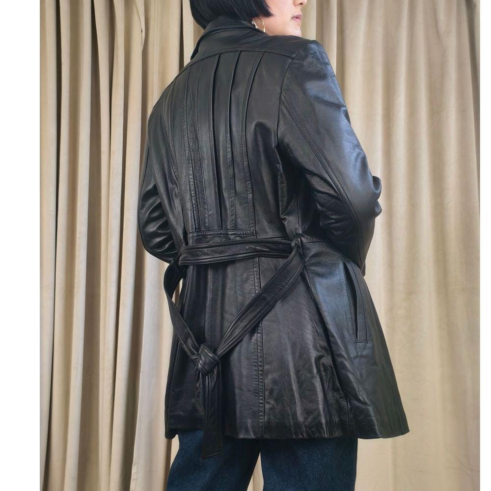 Vintage Black Leather Jacket Belted Trench
