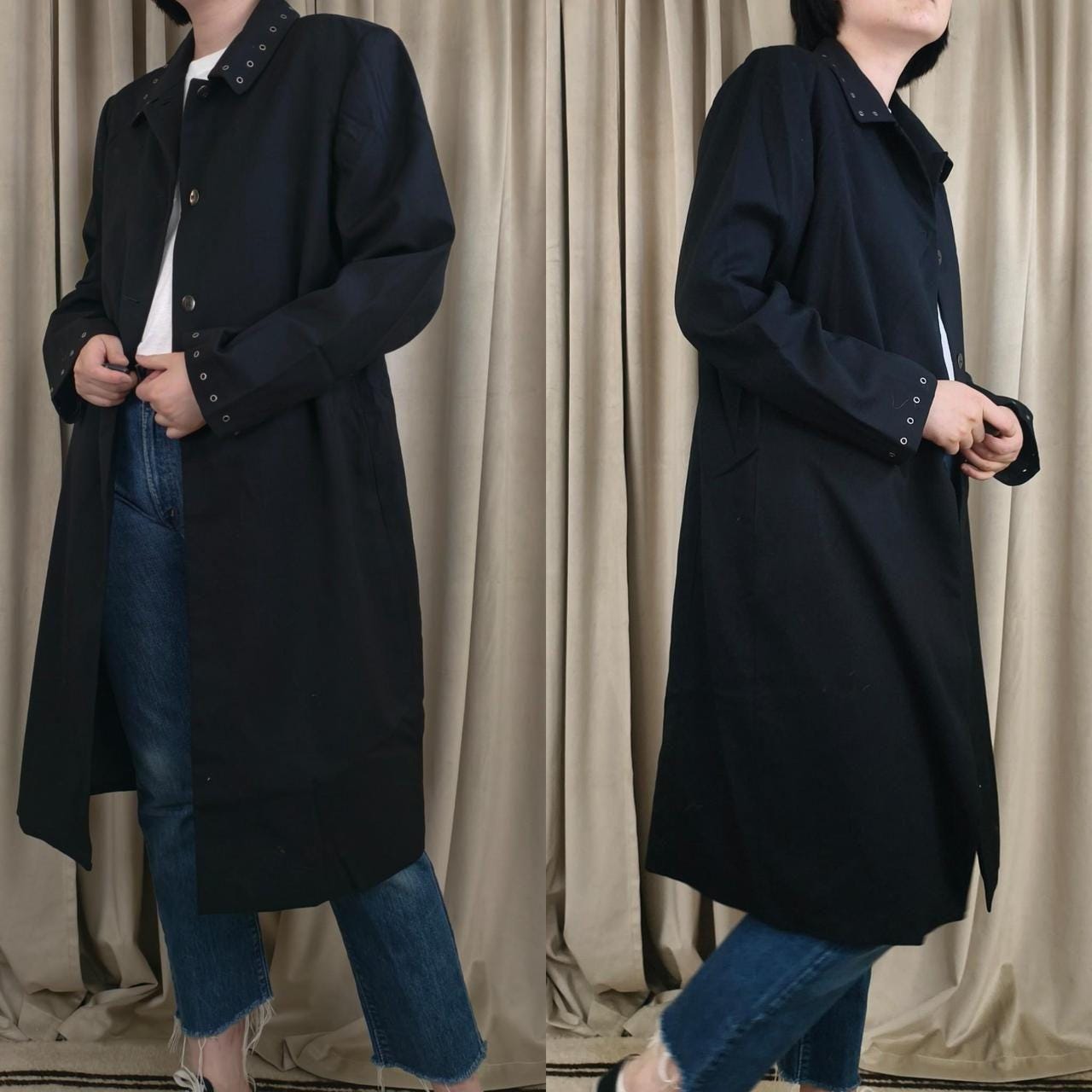 Vintage Harve Benard Black Wool Trench Coat with Eyelets