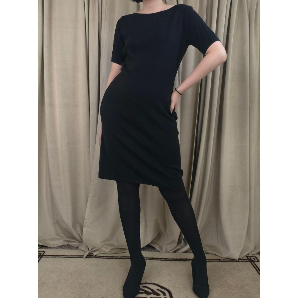 Vintage Dana Buchman Classic Wool Black Short-Sleeve Knit Sweater Dress