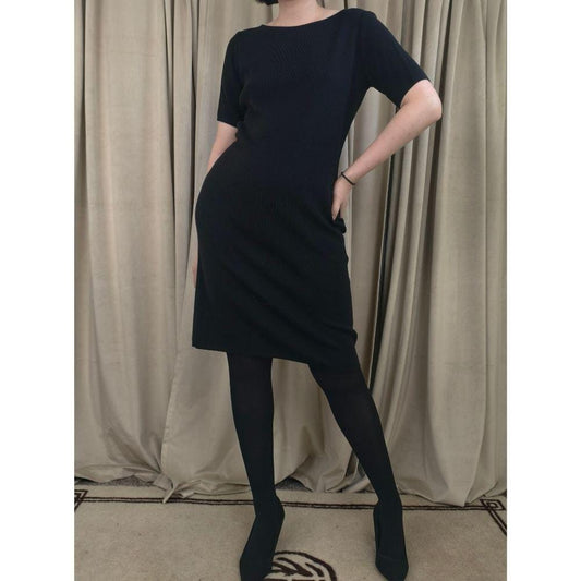 Vintage Dana Buchman Classic Wool Black Short-Sleeve Knit Sweater Dress
