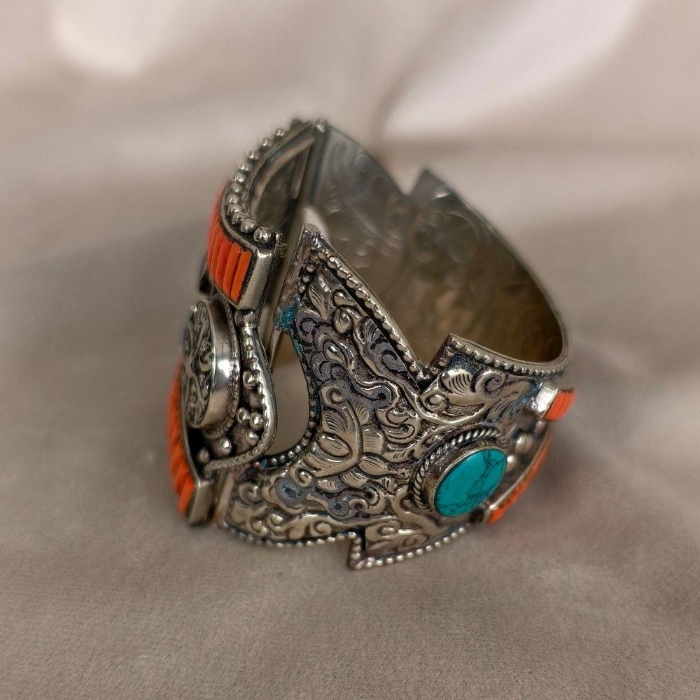 Antique Tibetan Handmade Sterling Silver and Orange Coral Bracelet