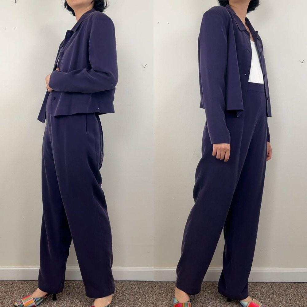 Vintage Patrick Collection Purple Silk High-Waisted Pantsuit with Cropped Jacket