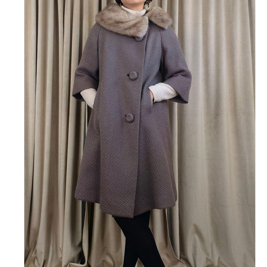 Vintage 50s/60s Gray Wool Swing Coat with Mink Collar