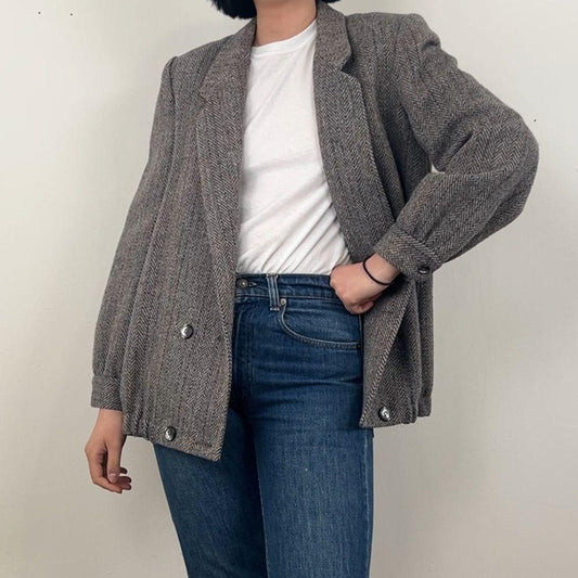 Vintage Emily Gray Herringbone Tweed Double Breasted Blazer