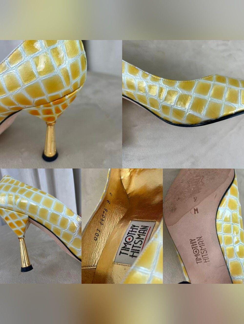 Vintage Timothy Hitsman Yellow Croc-Embossed Pointed-Toe Pumps