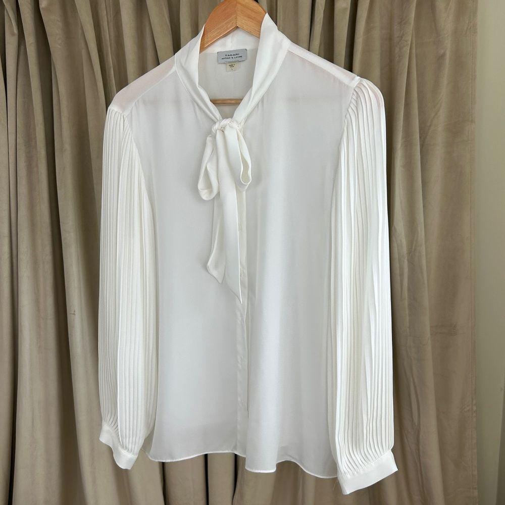 Tahari White Sheer Chiffon Blouse with Pleated Lantern Sleeves Bow Detail