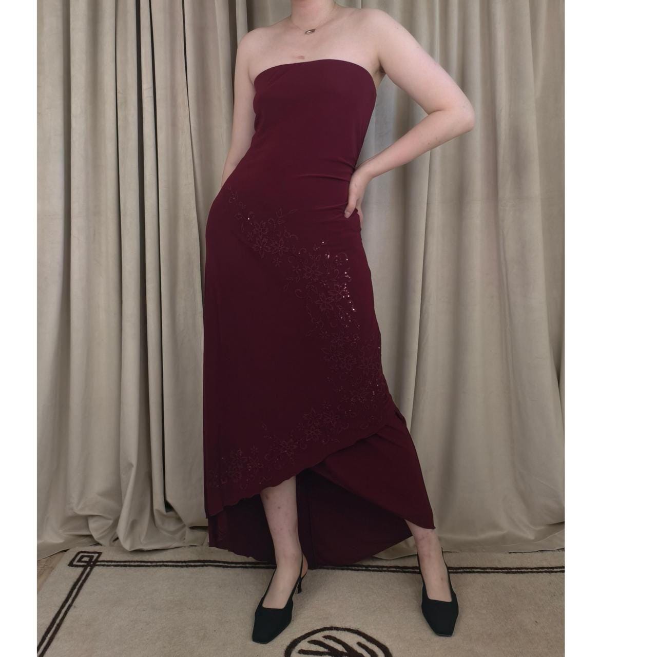 Vintage Burgundy Strapless Maxi dress with Sequin Detailing