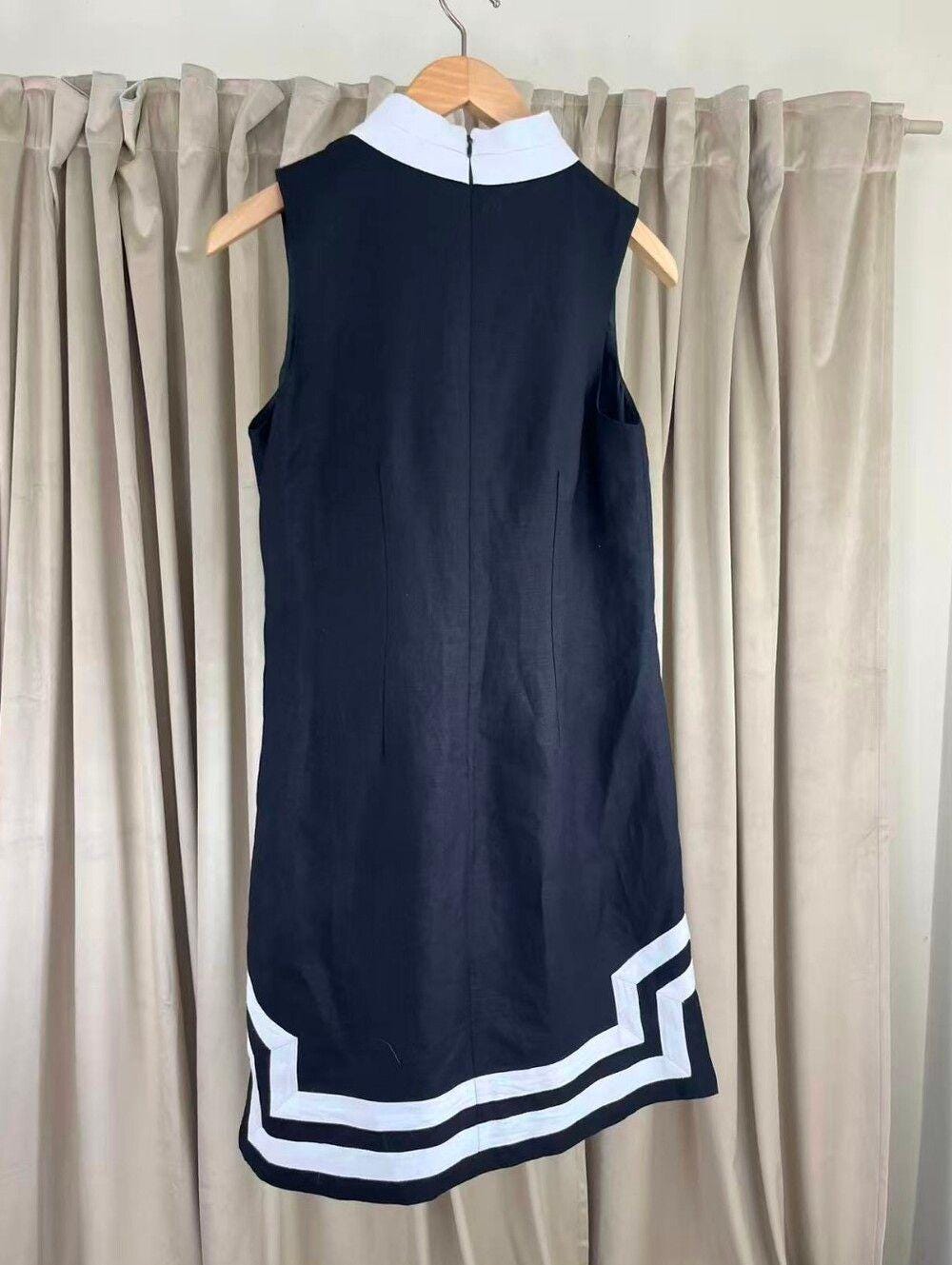 Eliza J Sleeveless Linen Blend Black Shift Dress with White Trim