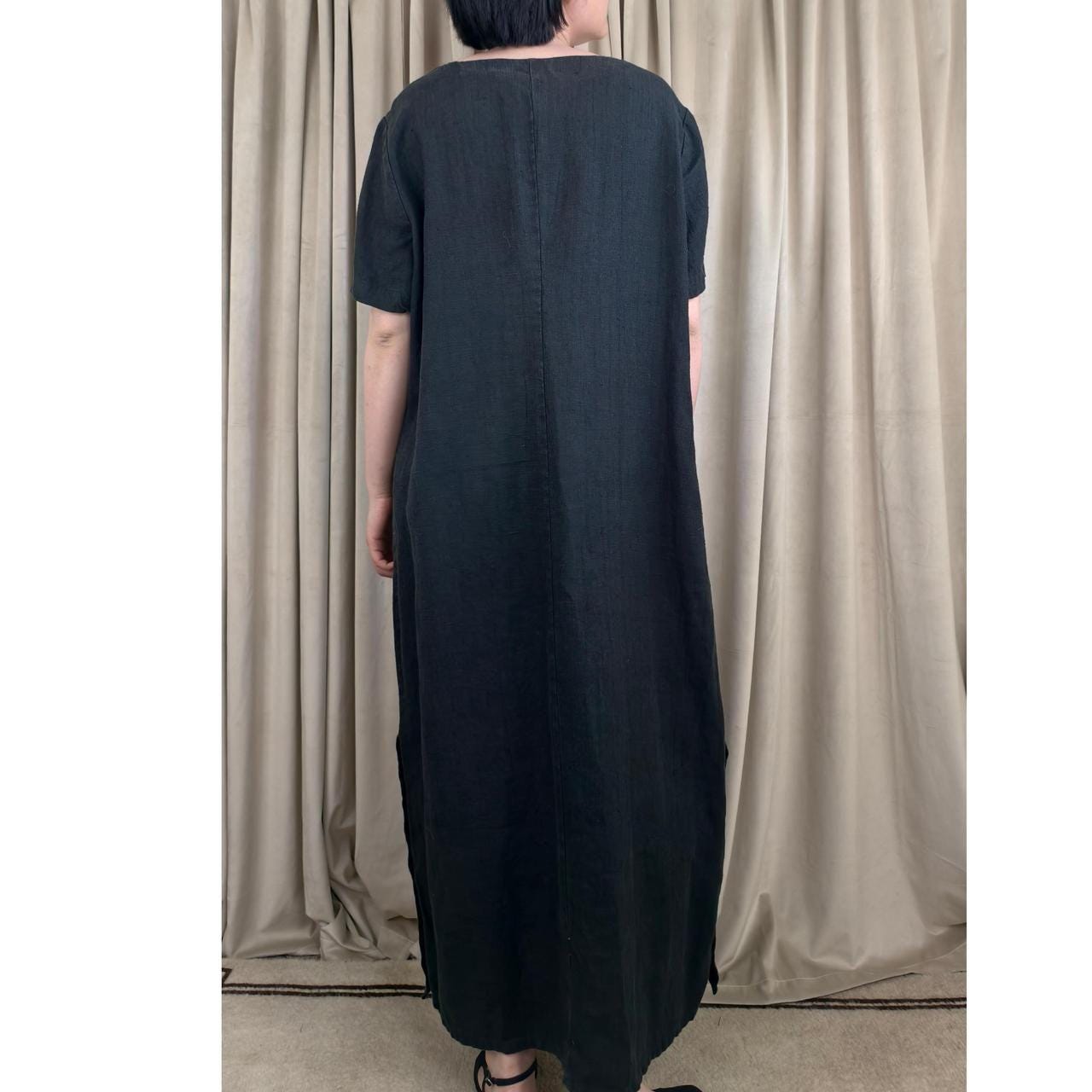 Vintage Studio East Black Linen Maxi Short Sleeve Dress