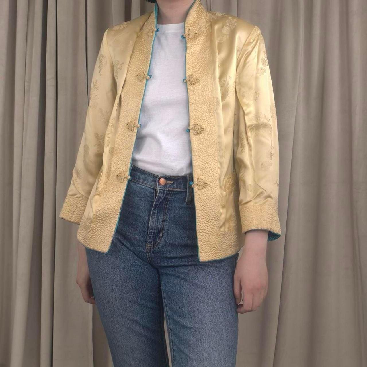 Vintage Asian Reversible Gold and Blue Embroidered Mandarin Tang Jacket