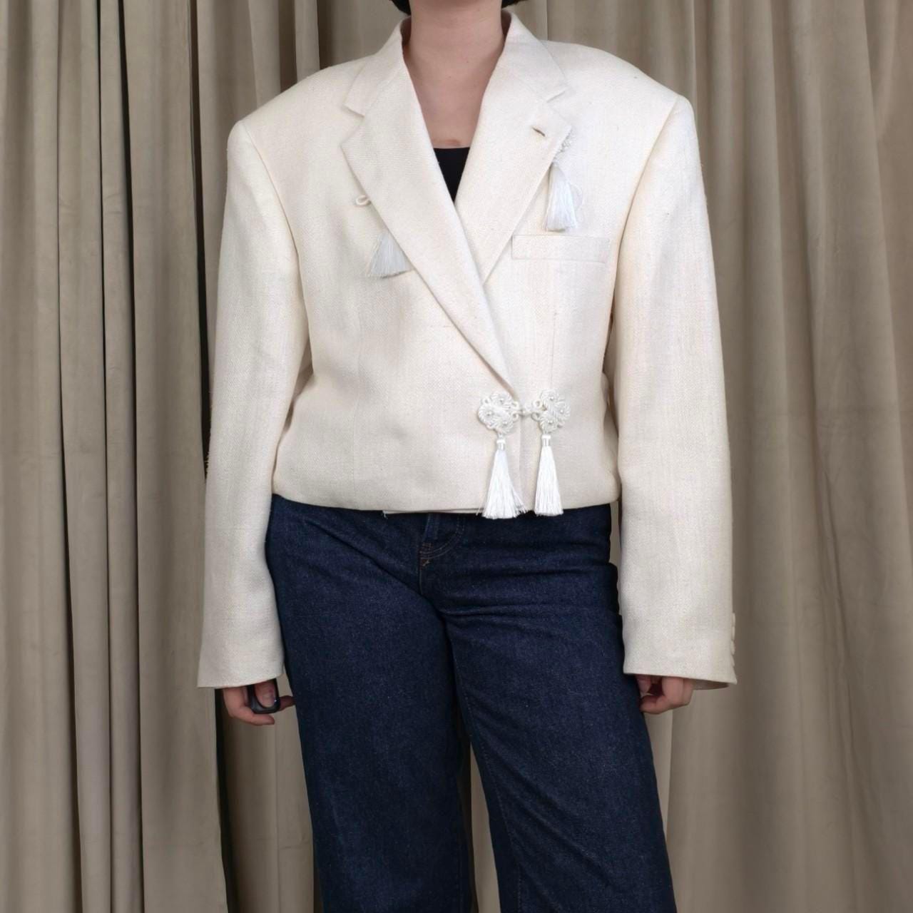 Reworked Vintage White Cropped Blazer Tang Mandarin Jacket