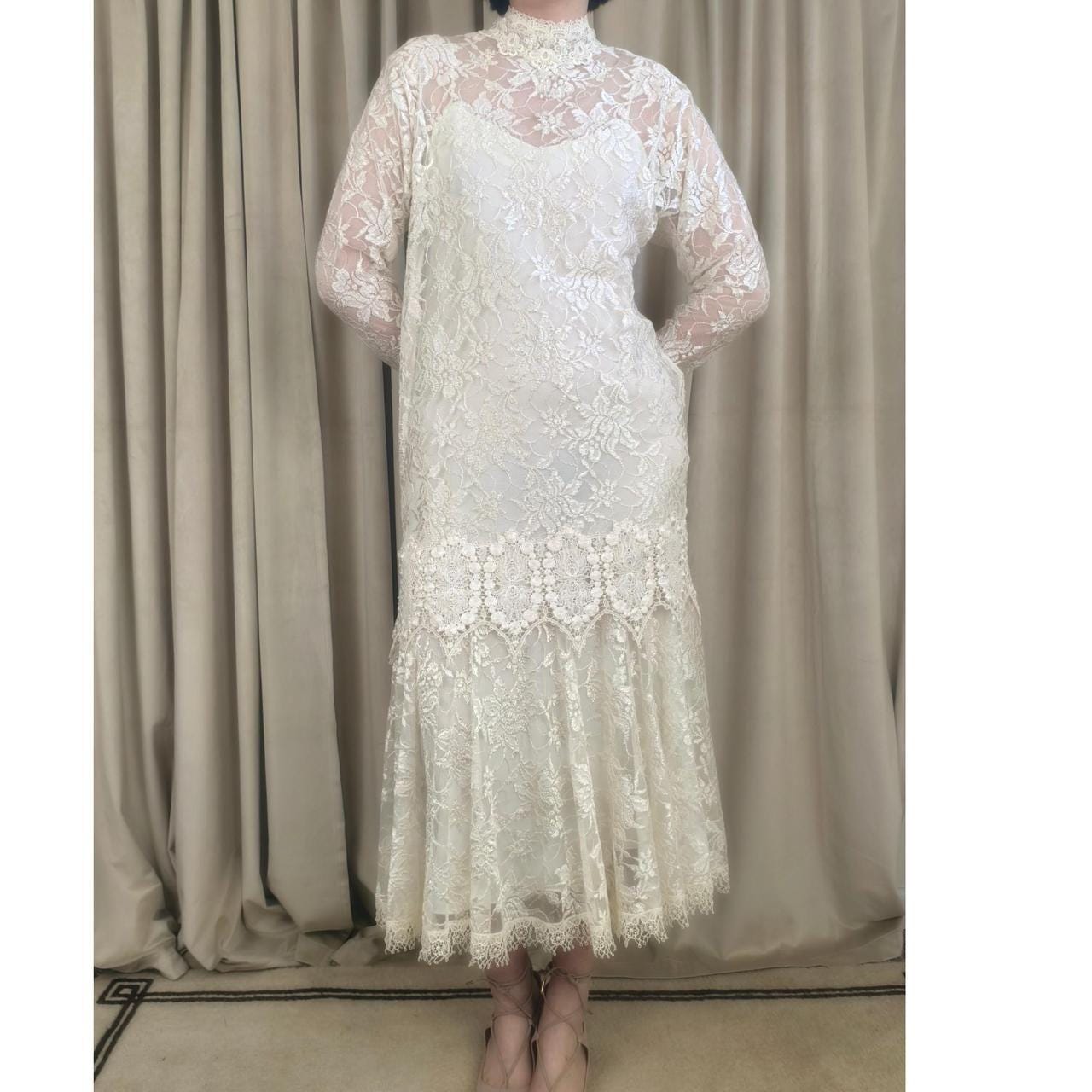 Vintage Bohemian Susan Lundenfeld Cream Lace Wedding Gown