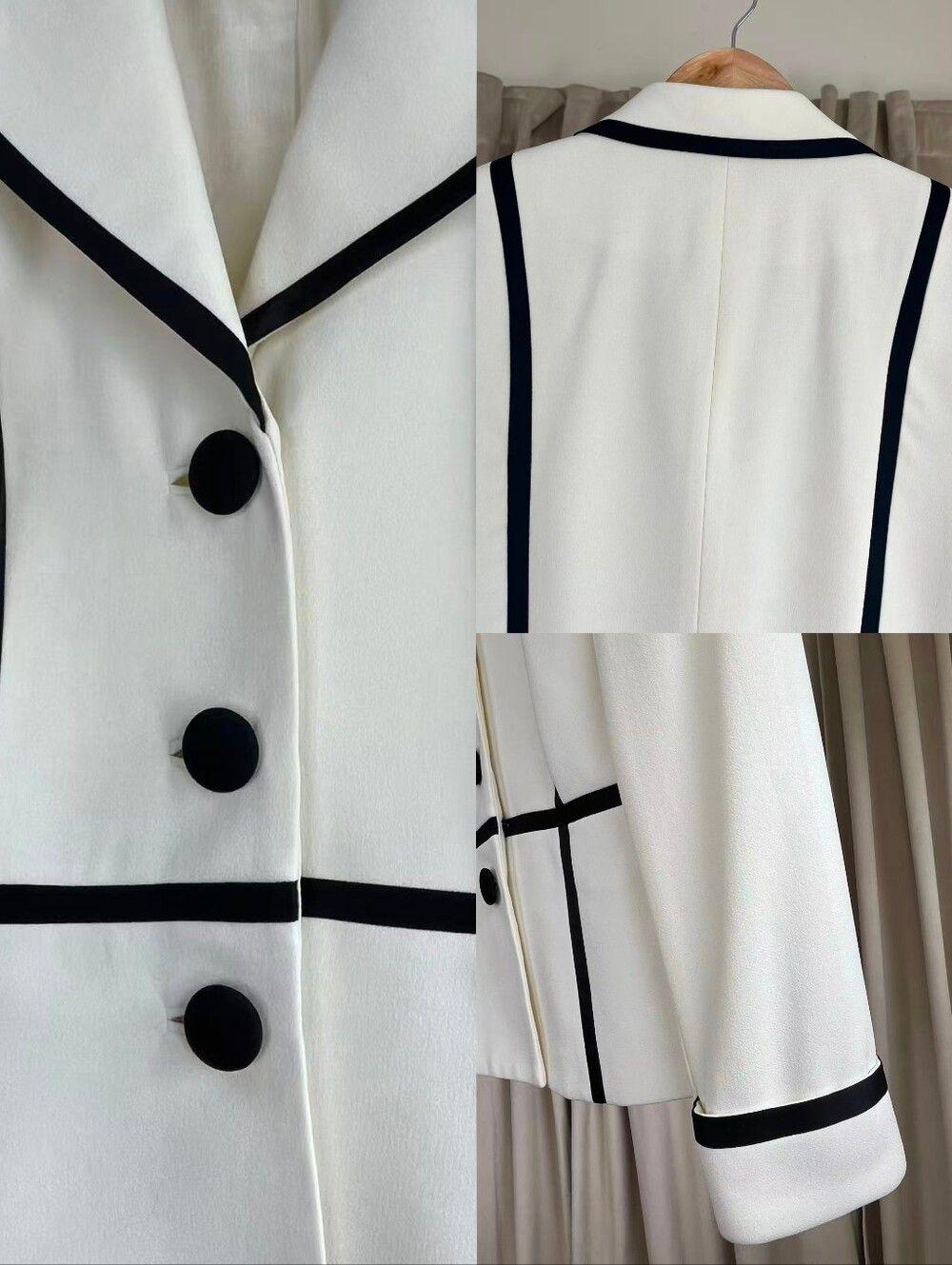 Vintage Gillian White Blazer with Black Trim and Black Pleated Skirt