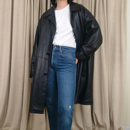 Vintage Andre Black Leather Trench Leather Coat