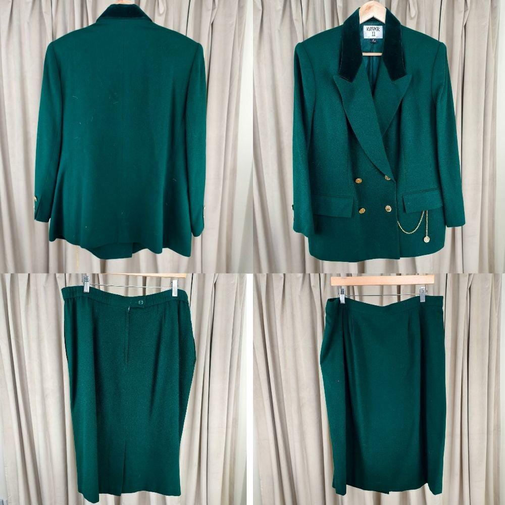 Vintage Kasper Green Wool Skirt and Blazer Suit with Gold Accents