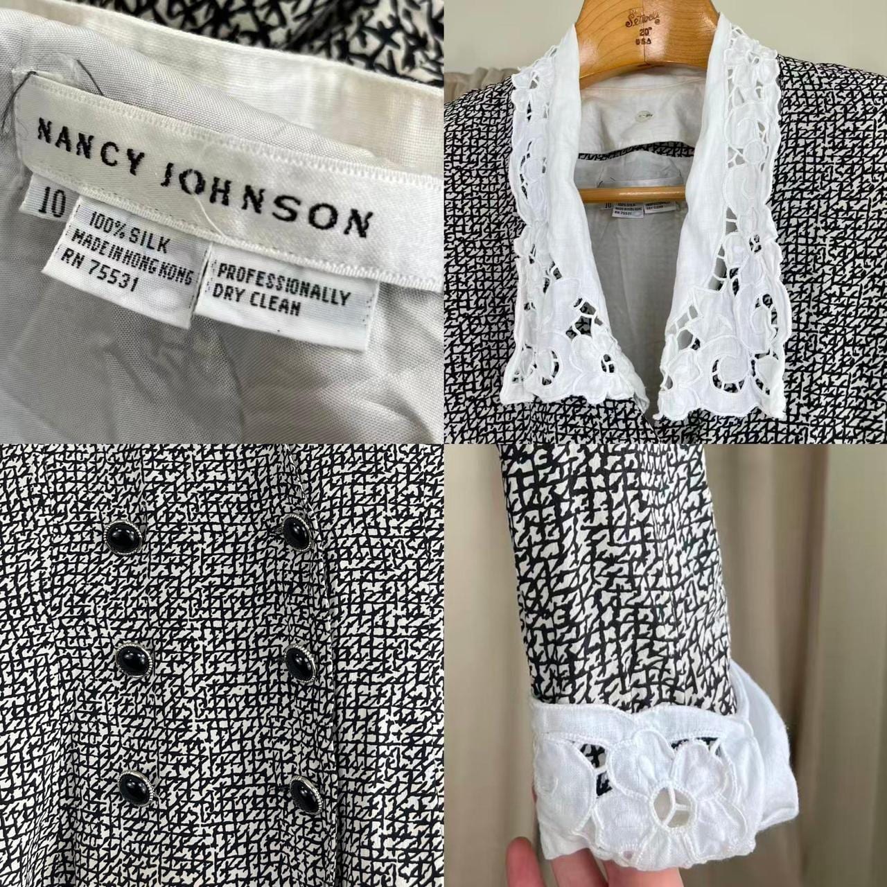 Vintage Nancy Johnson Silk black & white Skirt Suit