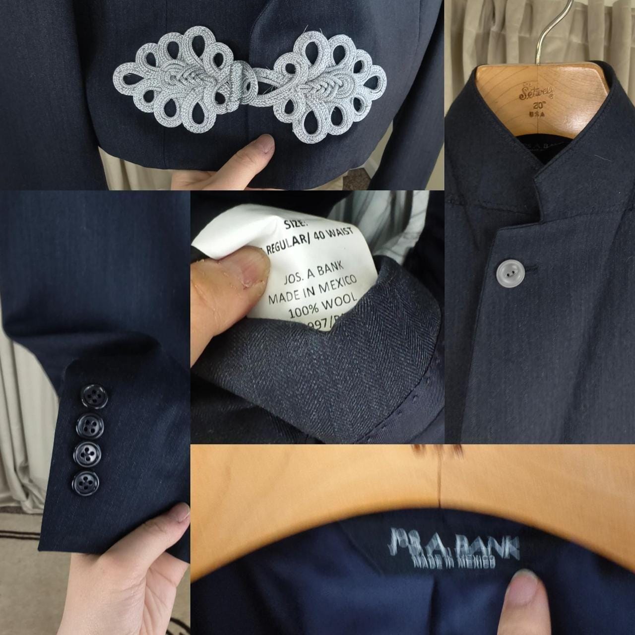 Reworked Vintage Navy Pinstripe Cropped Blazer Tang Mandarin Jacket