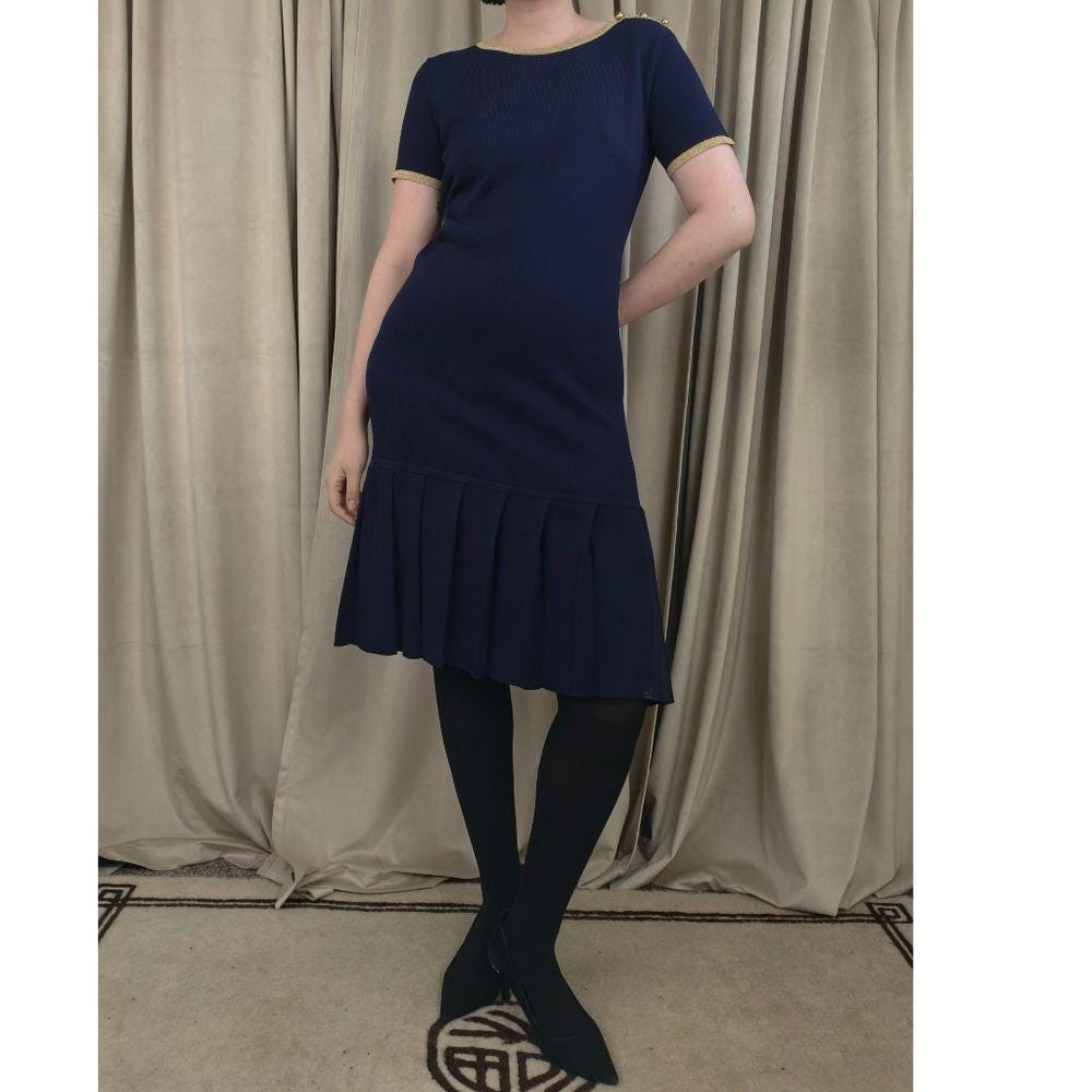 Vintage Sutton Studio Navy and Gold Short-Sleeve Pleated Hem Sweater Dress