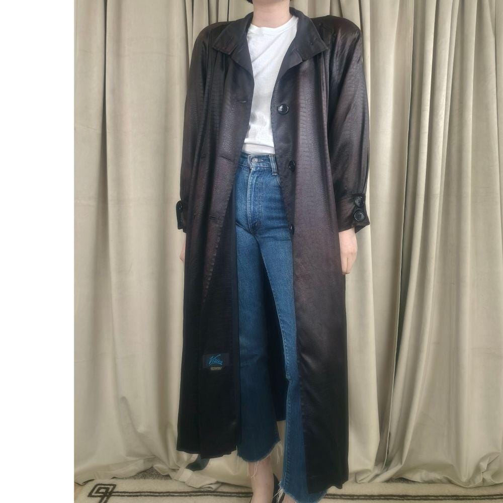 Vintage Long Black Satin Snakeskin Pattern Trench Coat
