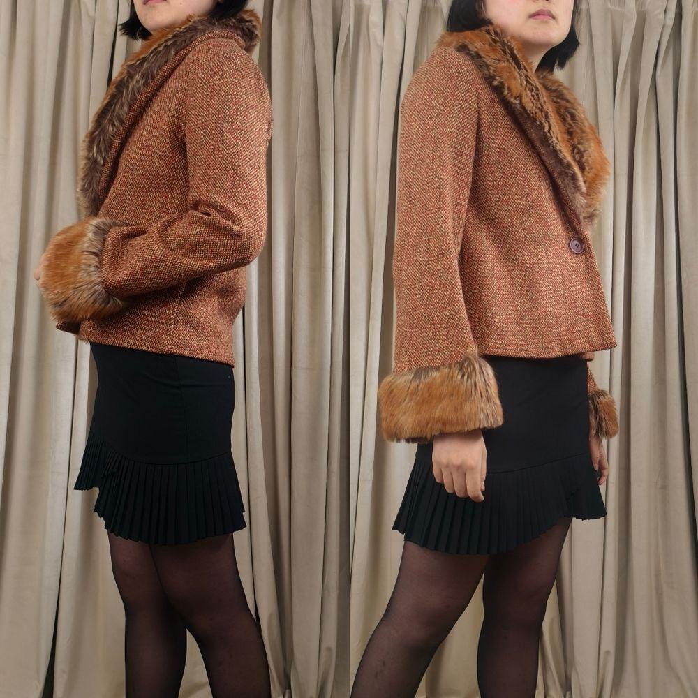 Vintage Orange Brown Cropped Pennylane Tweed Jacket Fox Fur Collar and Cuffs