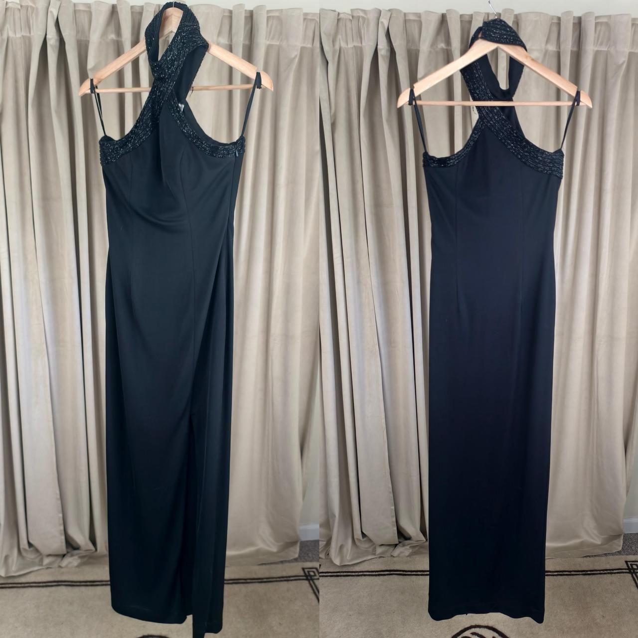 Vintage Cache Y2K Black Maxi Prom Dress Gown with Beaded halter Neck and Slit