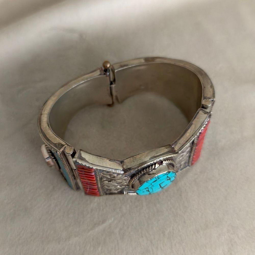Antique Handmade Tibetan Turquoise and Red Coral Sterling Silver Bracelet