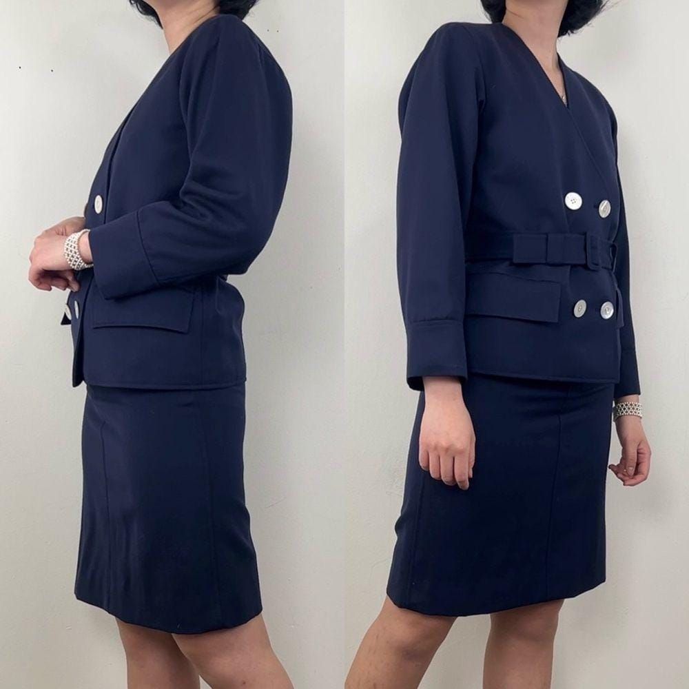 Vintage Yves Saint Laurent Navy Blazer and Skirt Wool Suit Set