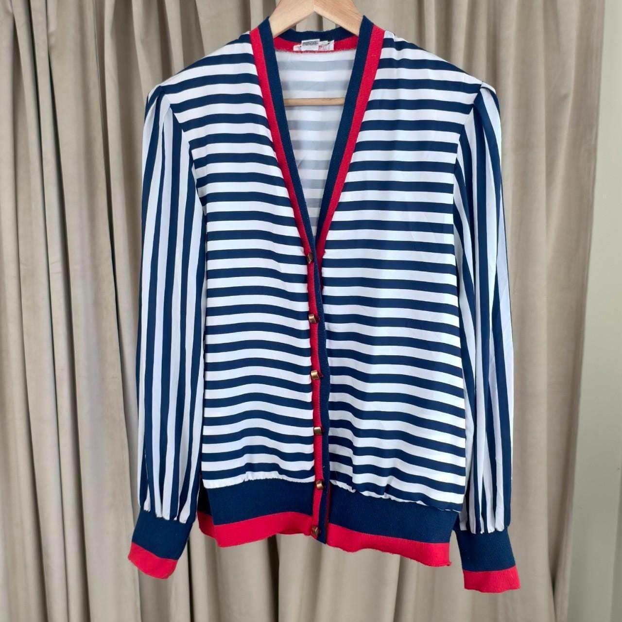 Vintage Striped Navy and White Cardigan with Red Trim