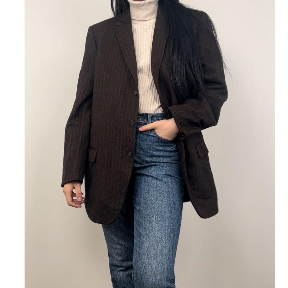 Vintage Brown Striped Wool Cashmere Boyfriend Oversized Blazer
