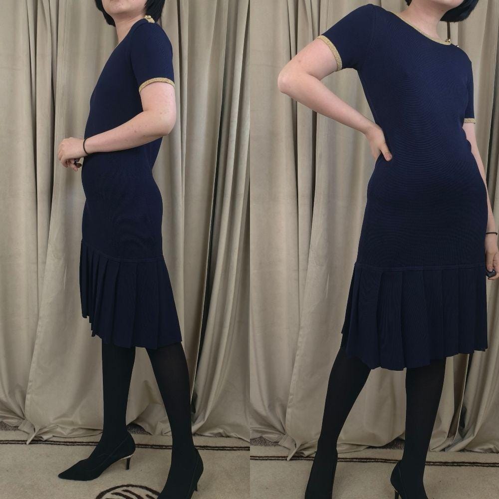 Vintage Sutton Studio Navy and Gold Short-Sleeve Pleated Hem Sweater Dress