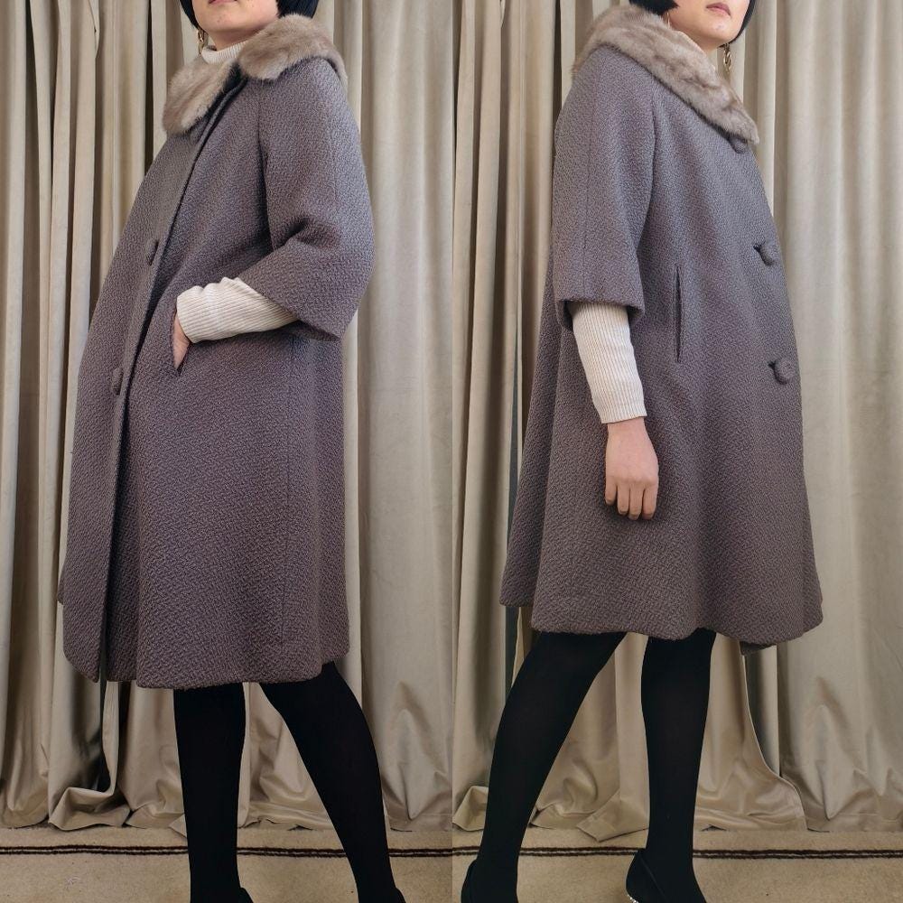 Vintage 50s/60s Gray Wool Swing Coat with Mink Collar