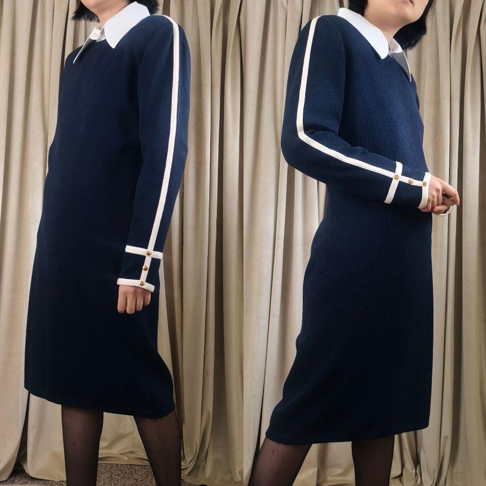 Vintage St. John Elegant Knitted Navy Blue Dress with White Accents