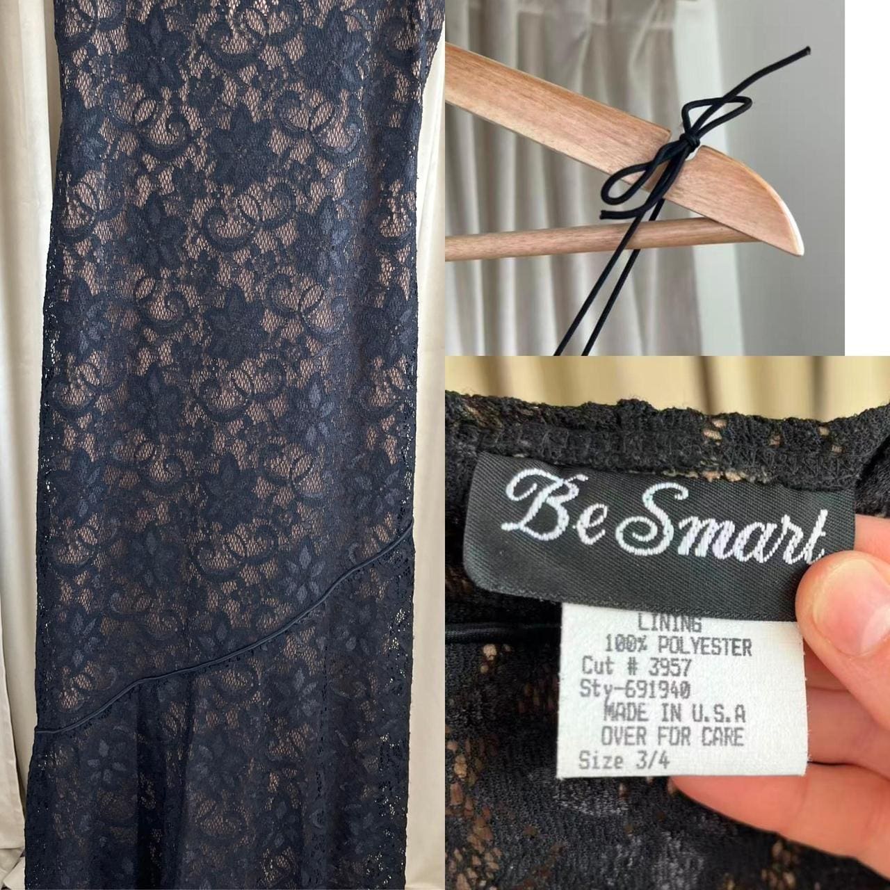 Vintage Black Lace Slip Drop Waist Dress with Spaghetti Straps