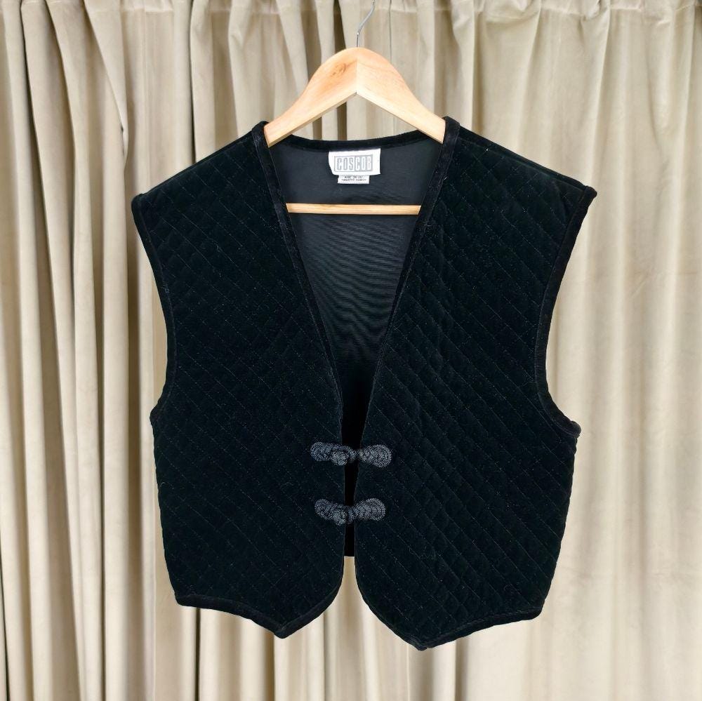 Vintage COSCOB Black Quilted Velvet Mandarin Vest with Frog Closures