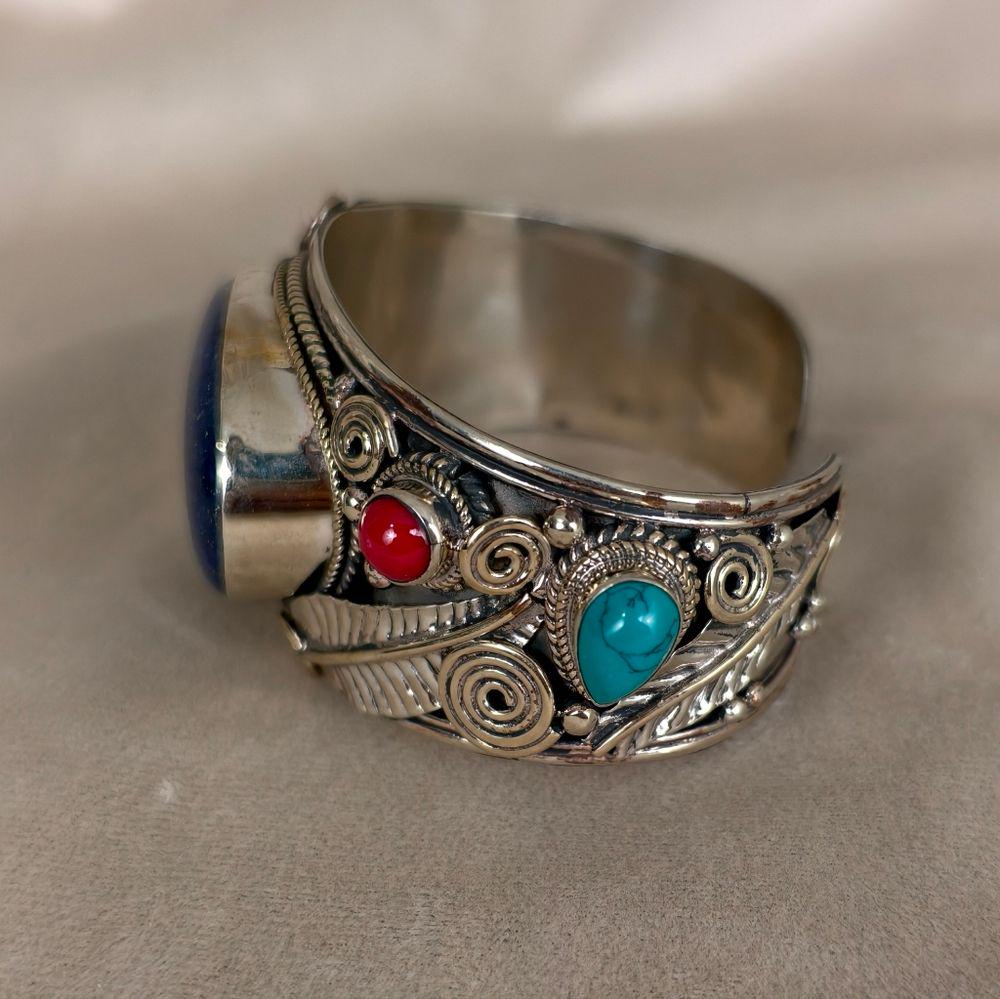 Antique Tibetan Sterling Silver and Blue Stone Lapis Lazuli Cuff Bracelet