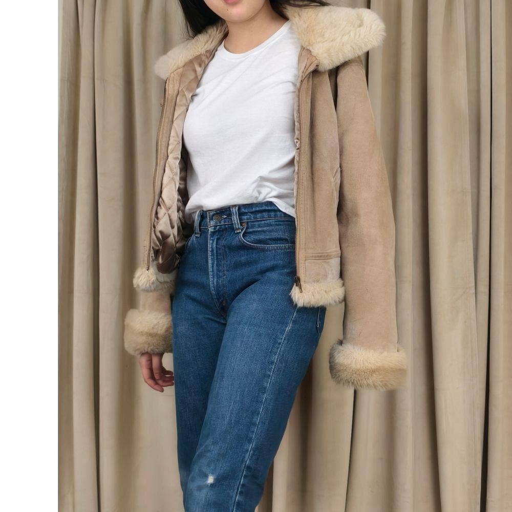Vintage Marvin Richards Pennylane Cream and Tan Suede Jacket with Faux Fur Trim