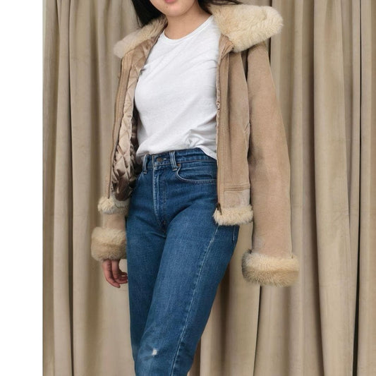 Vintage Marvin Richards Pennylane Cream and Tan Suede Jacket with Faux Fur Trim