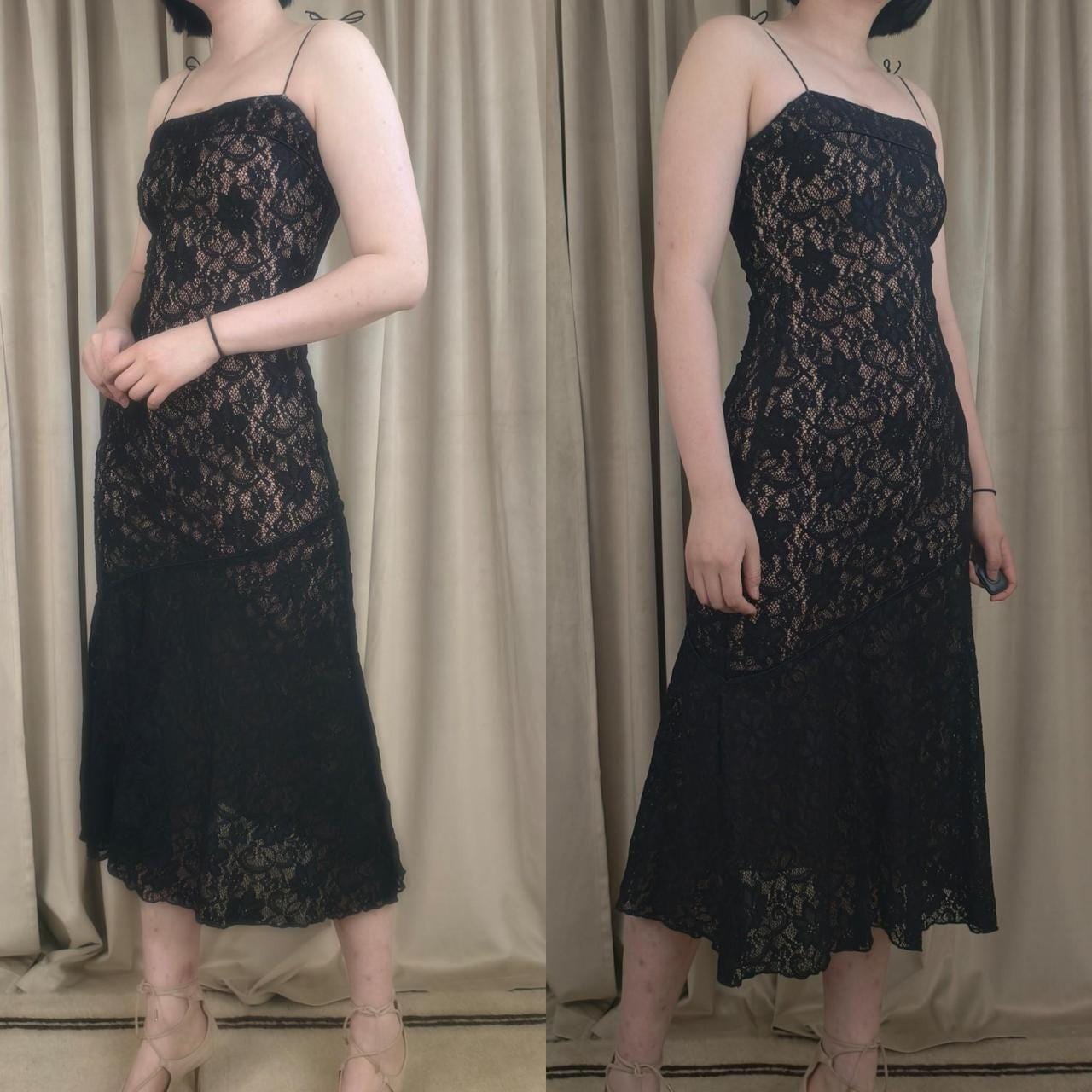 Vintage Black Lace Slip Drop Waist Dress with Spaghetti Straps