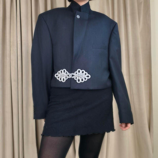 Reworked Vintage Navy Pinstripe Cropped Blazer Tang Mandarin Jacket