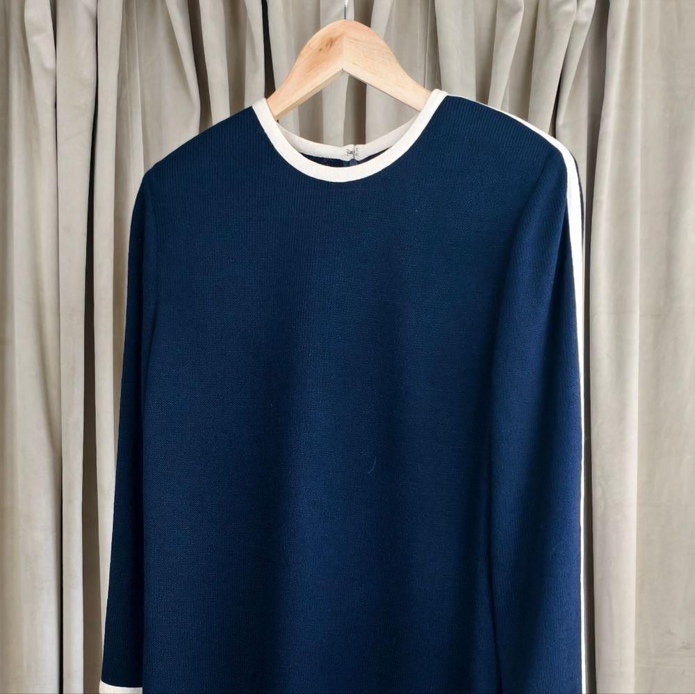 Vintage St. John Elegant Knitted Navy Blue Dress with White Accents