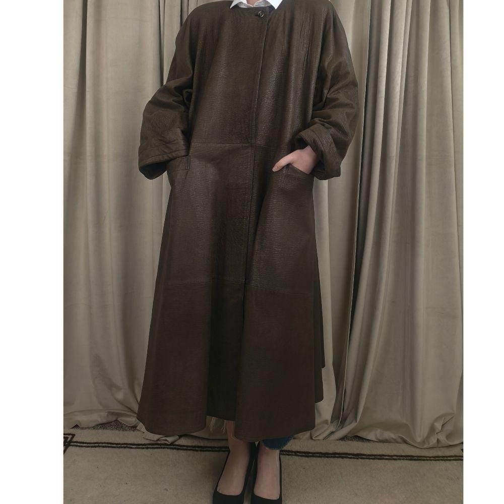 Vintage Mario Valentino Olive Khaki Green Long Leather Trench Coat Dress