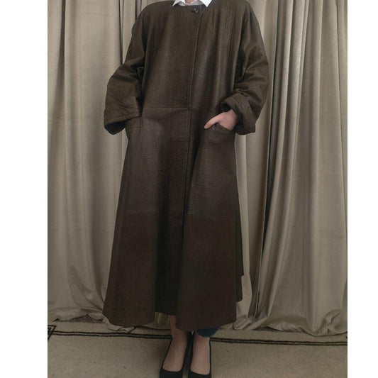 Vintage Mario Valentino Olive Khaki Green Long Leather Trench Coat Dress