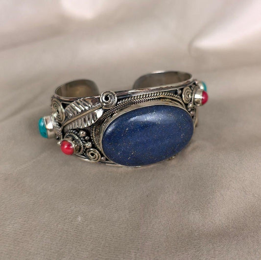 Antique Tibetan Sterling Silver and Blue Stone Lapis Lazuli Cuff Bracelet