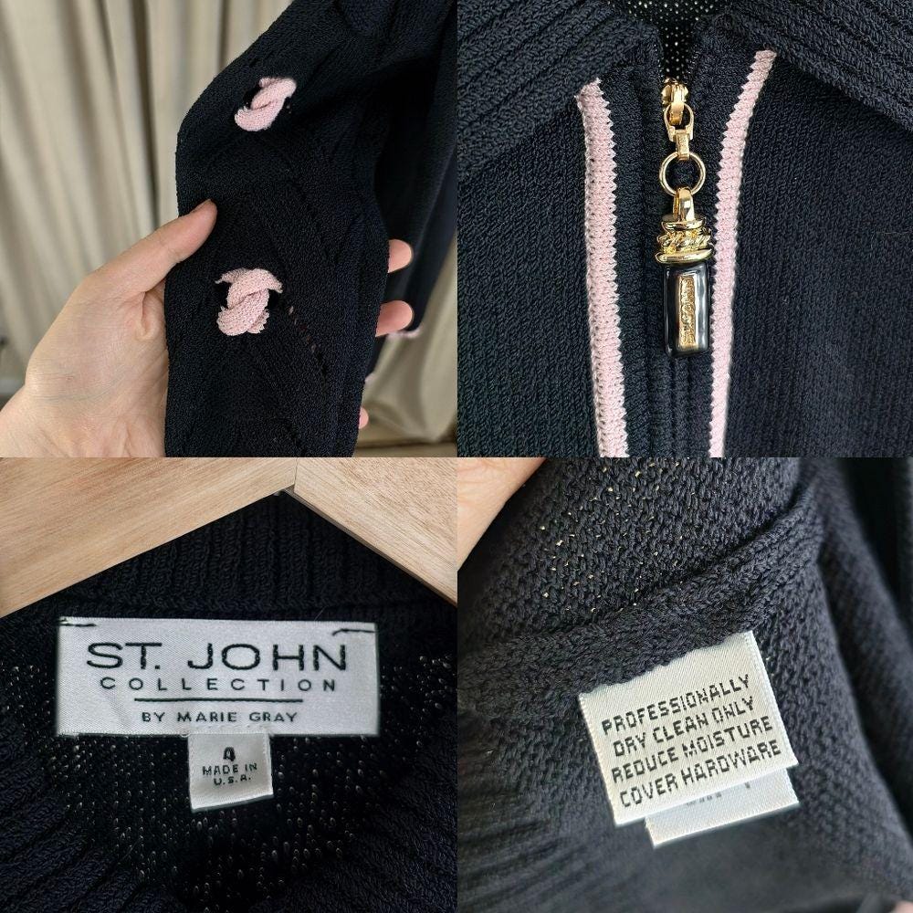 St. John Collection Black Zip Up Cardigan with Pink Details